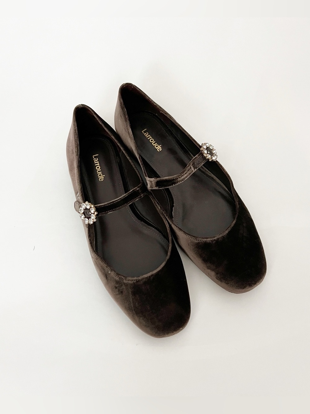 Larroude Blair Ballet Flat in Dark Brown Espresso w Velvet Crystal Buckle 9.5